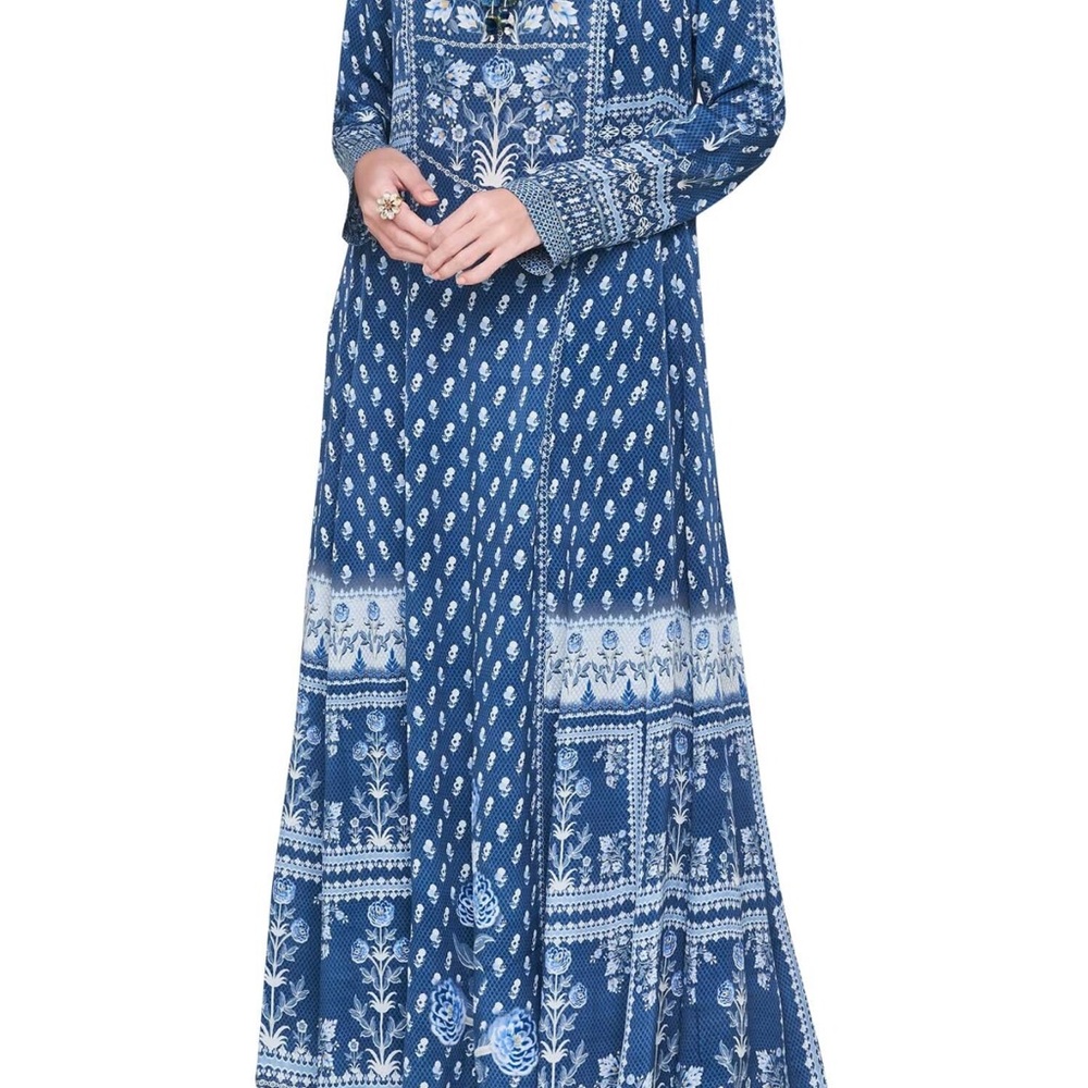Anita Dongre Blue and White Floral Print Peasant Maxi Dress